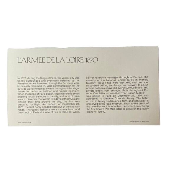 1870 Larmee De La Loire Jersey Stamp Basil Smith Print Issued 1973 Aviation - Picture 3 of 4